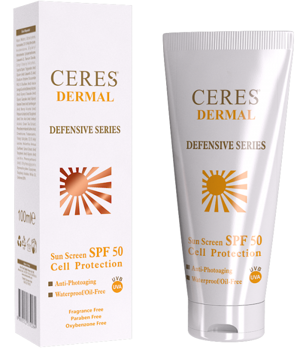 Ceres Cell Protection Sun Screen SPF 50 100 ml Monde Selection Altın Ödüllü, Sun Actin içeren, paraben içermez formülüyle SPF 50 düzeyinde geniş spektrumlu, suya dayanıklı, yağsız bitişli ve lekelenme‑yaşlanma karşıtı etkili güneş kremidir. Fotoyaşlanmaya karşı korur. Fiziksel koruması yüksek güneş koruyucu