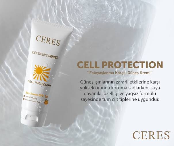 Ceres Cell Protection Sun Screen SPF 50 100 ml Monde Selection Altın Ödüllü, Sun Actin içeren, paraben içermez formülüyle SPF 50 düzeyinde geniş spektrumlu, suya dayanıklı, yağsız bitişli ve lekelenme‑yaşlanma karşıtı etkili güneş kremidir. Fotoyaşlanmaya karşı korur. Fiziksel koruması yüksek güneş koruyucu