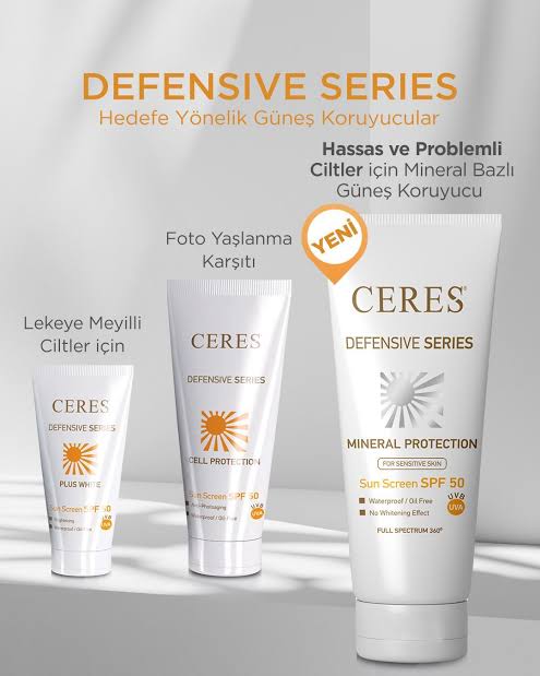 Ceres Plus White Sun Screen SPF 50 50ml Lekeye meyilli ciltler için özel TinyWhite kompleksli, yağsız ve suya dayanıklı SPF 50 içerikli güneş kremidir. Paraben, oksibenzon ve parfüm içermez. Homojen cilt tonu ve güçlü UV koruması sağlar. Fiziksel koruması yüksek güneş koruyucudur.
