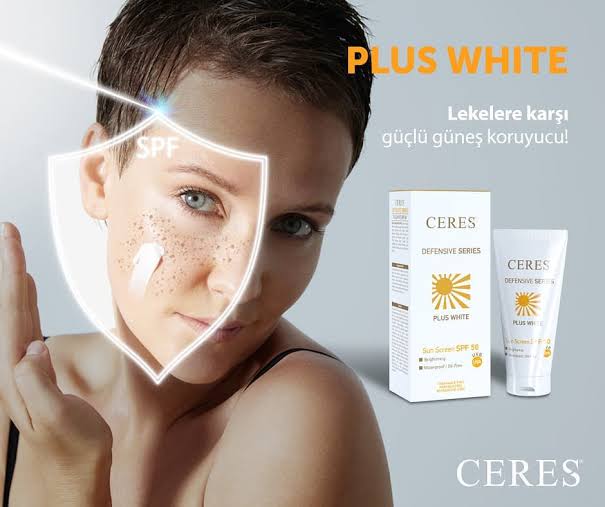 Ceres Plus White Sun Screen SPF 50 50ml Lekeye meyilli ciltler için özel TinyWhite kompleksli, yağsız ve suya dayanıklı SPF 50 içerikli güneş kremidir. Paraben, oksibenzon ve parfüm içermez. Homojen cilt tonu ve güçlü UV koruması sağlar. Fiziksel koruması yüksek güneş koruyucudur.