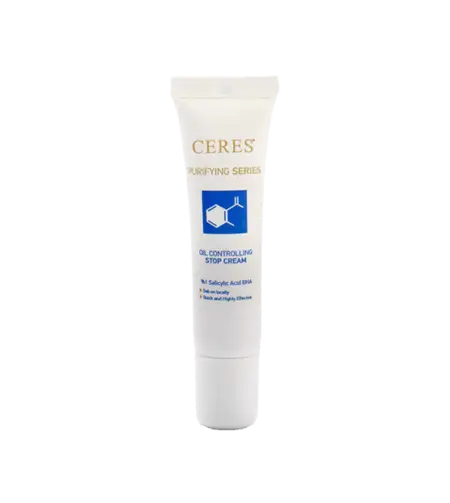 Ceres Oil Controlling Stop Cream 15 ml %1 BHA + çay ağacı yağı içeren, yağlı ve akneye meyilli ciltler için noktasal bakım kremidir. Gözenekleri temizler, sivilce ve siyah nokta oluşumunu engeller; vitamin E ve D‑panthenol ile cildi yatıştırır, parlamayı durdurur.