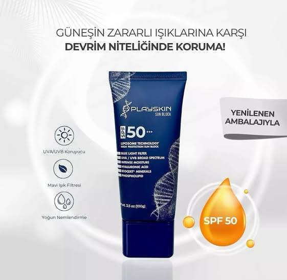 Playskin Sun Block SPF50+ 100 ml Playskin Sun Block SPF50+, UVA ve UVB ışınlarına karşı yüksek koruma sağlar. Hafif yapısı, nemlendirici etkisi ve leke karşıtı içeriği ile tüm cilt tiplerine uygundur. Günlük kullanım için idealdir.