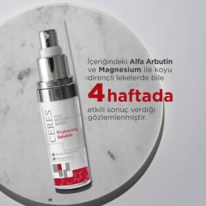 Cilt lekeleri, renk tonu eşitsizlikleri ve mat görünüm için geliştirilen Ceres Brightening Solution, niacinamide ve arbutin içeriğiyle aydınlatıcı etki sağlar. Cilt tonunu eşitler, canlı ve ışıltılı bir görünüm sunar.