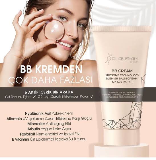 Playskin BB Cream – Liposome Technology SPF 50 Blemish Balm 50 ml Playskin BB Cream SPF 50, arbutin, hyaluronik asit ve vitamin E içeren formülüyle cildinizi korur, nemlendirir ve eşit ton sağlar. Doğal makyaj görünümü ve güneş korumasını tek paket içinde sunar.