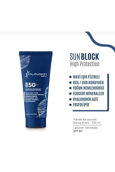 Playskin Sun Block SPF50+ 100 ml Playskin Sun Block SPF50+, UVA ve UVB ışınlarına karşı yüksek koruma sağlar. Hafif yapısı, nemlendirici etkisi ve leke karşıtı içeriği ile tüm cilt tiplerine uygundur. Günlük kullanım için idealdir.