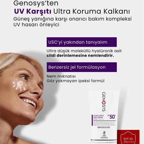 Genosys Ultra Shield Sun Cream (USC) SPF 50 (Yüksek Koruma Sağlayan Ultra Hafif UV Güneş Kremi – SPF 50) Genosys Ultra Shield Sun Cream SPF 50 – Mineral bazlı, geniş spektrumlu UVA/UVB koruması sağlayan, hafif ve yağsız formüllü güneş kremi. Hassas ciltler için uygun, suya dayanıklı ve antioksidan destekli. #SPF50 #güneşkoruyucu #mineralgüneşkremleri #GenosysUSC